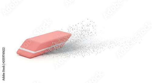 Pink eraser erasing with leaving dust on white background, and concept of removing mistakes.