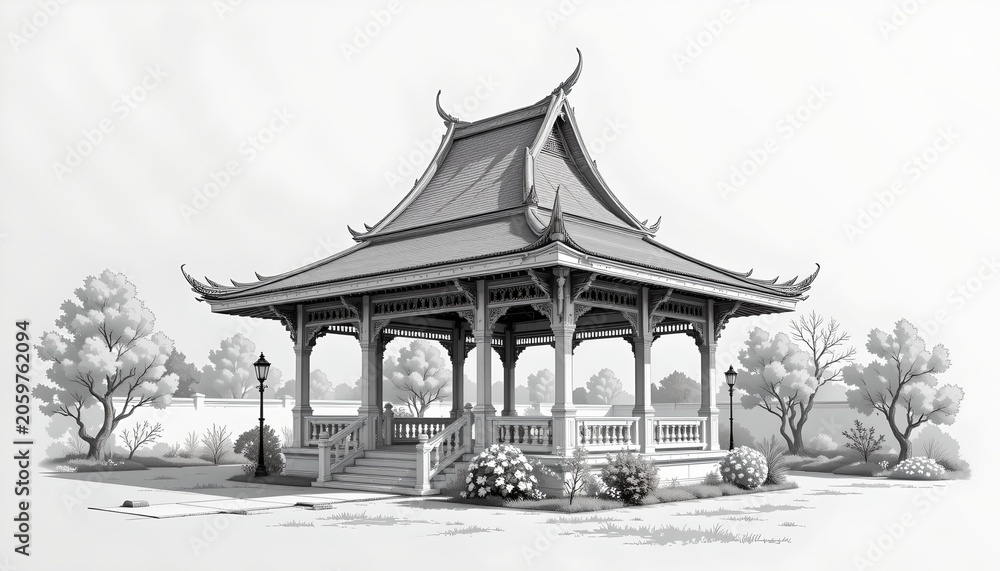 Fototapeta premium The image depicts a traditional open air pavilion with a multi tiered, curved roof featuring ornamental details at the edges