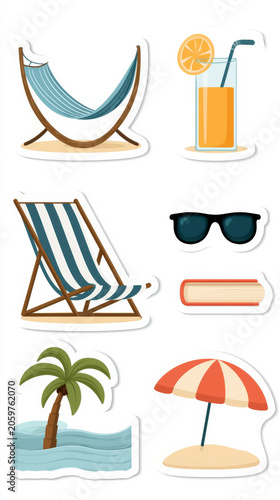 Summer beach icons: hammock, juice, chair, sunglasses, book, palm, umbrella