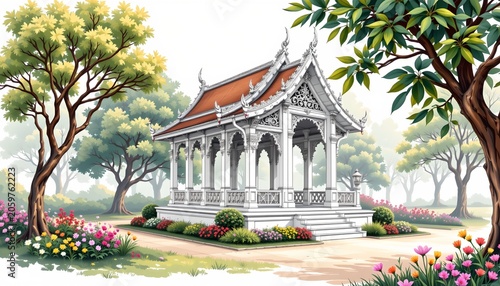 The image depicts a traditional, ornate pavilion situated in a lush garden setting