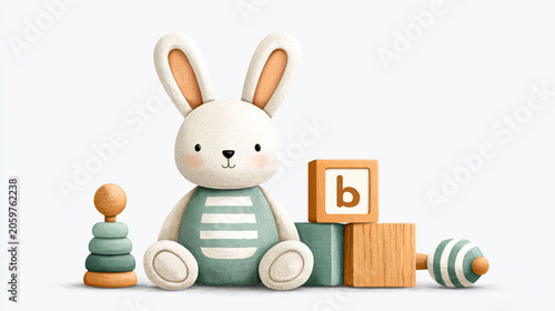Cute rabbit toy with wooden blocks and stacking rings for kids' play