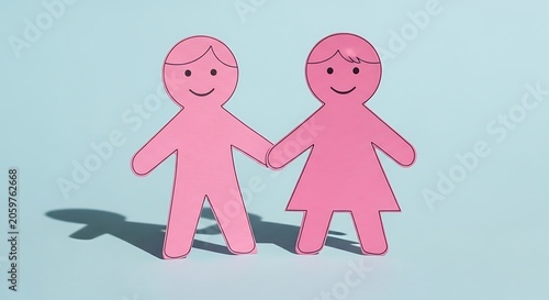 Pink Paper People Couple Holding Hands on Blue Background with Love  Partnership Concept.