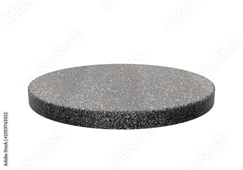 Circular rough granite stone podium isolated on white background. Empty gray mineral cylinder stand for eco product display mockup.
