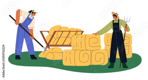 Farmers stacking hay bales in country. Man and woman, farm workers work with ...
