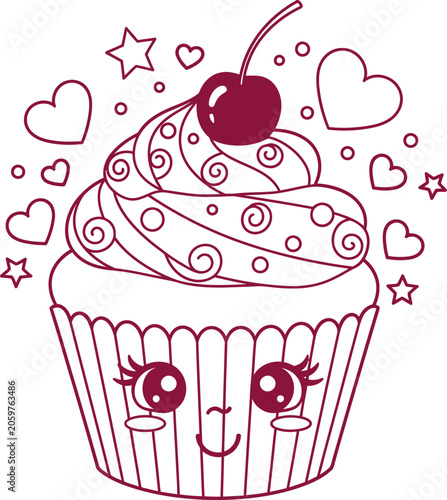 A cute cartoon cupcake with a cherry on top and a smiling face