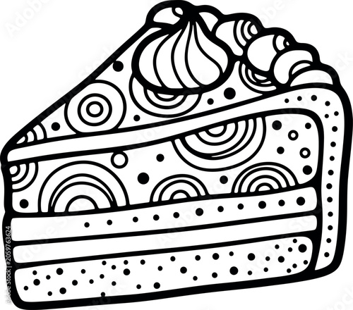 A black and white illustration of a slice of cake with decorative frosting and patterns