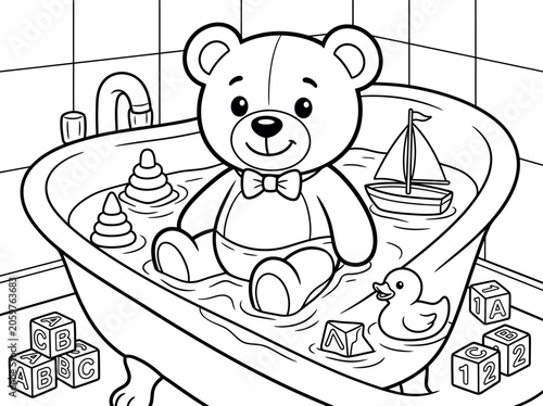 Charming black and white illustration of a teddy bear enjoying a bubble bath with toys perfect for children's books