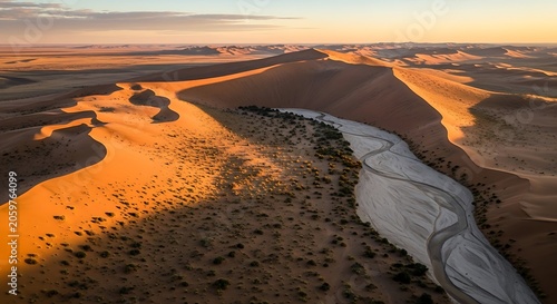 Dramatic sunrise over Namib Desert dunes with a riverbed with aerial view.