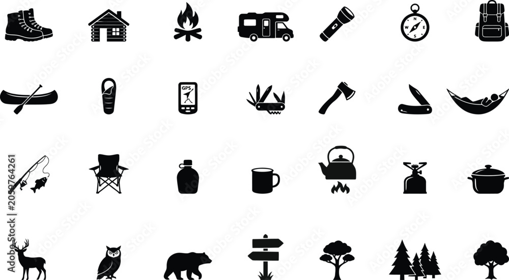 Obraz premium Camping adventure and outdoor recreation black silhouette icons set vector illustration