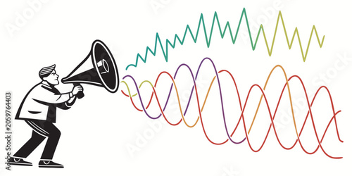 Konstfotografi Man with megaphone announcing with colorful sound wave graphics announcement wav