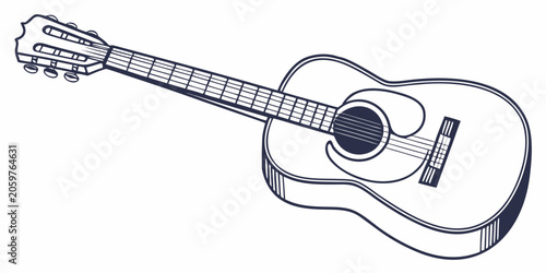 Canvas Print Acoustic guitar outline illustration with string instrument line art tuning pegs