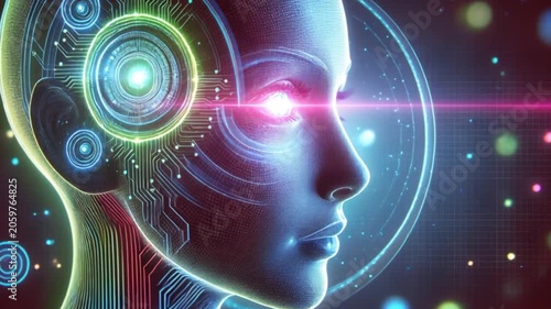 Video of female AI avatar featuring luminous cybernetic eye, neural circuits and futuristic digital technology in a vibrant science fiction portrait.