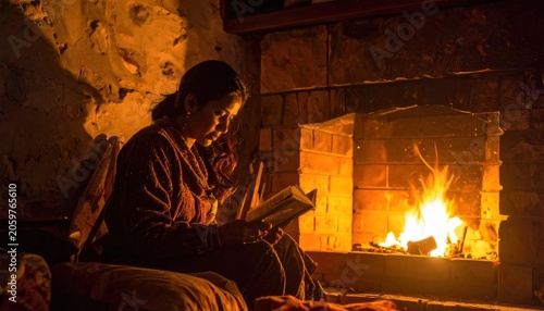 Woman relaxing by warm fireplace reading.