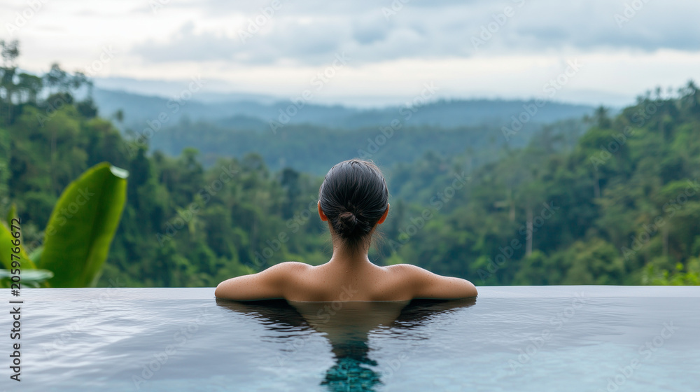 Fototapeta premium Ai Woman enjoying a view of the forest while relaxing in a pool at a tropical location during the day