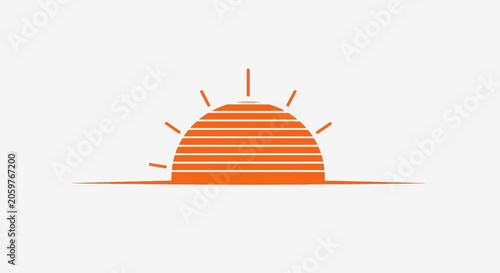 Orange sunrise symbol rising above the horizon on a white background minimal design
