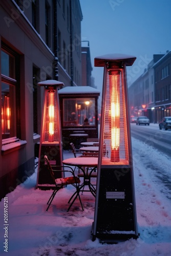 Outdoor patio heaters glow warmly on a snowy city street. Empty tables and chairs wait for friends in the cold winter weather. Cafes and restaurants keep outdoor seating available despite snowfall.