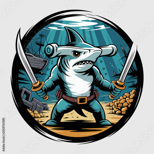 Photos Cartoon shark with pirate sword.