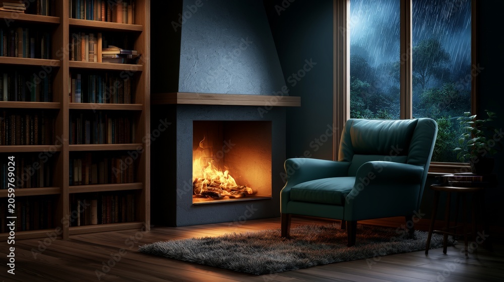 Naklejka premium Cozy Living Room with Fireplace and Rainy Window View at Night