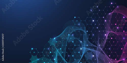 Molecular abstract structure and genetic engineering DNA. Healthcare and medicine background concept. Scientific research background. Wave flow. Innovation pattern. Vector illustration.