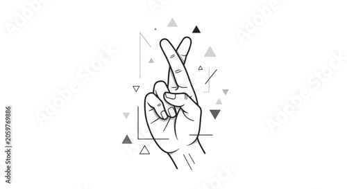 Minimalist black and white line art illustration of a human hand with index and middle fingers crossed for luck, featuring geometric triangle elements on a white background.