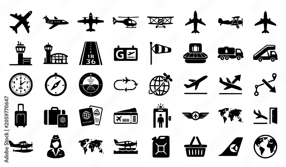 Naklejka premium Editable Airplane Symbol Pack with Flight Travel Transport Icons for Airport and Tourism Design