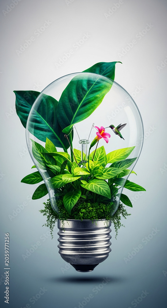 Fototapeta premium A lightbulb terrarium with lush green foliage, a pink flower, and a hummingbird, symbolizing eco-friendly ideas and sustainable innovation