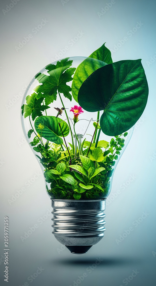 Fototapeta premium Glass lightbulb filled with lush green plants, featuring a hummingbird and a vibrant pink flower, symbolizing nature's brilliance and eco-innovation