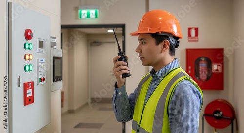 Safety engineer inspecting fire alarm system in public building with walkie talkie