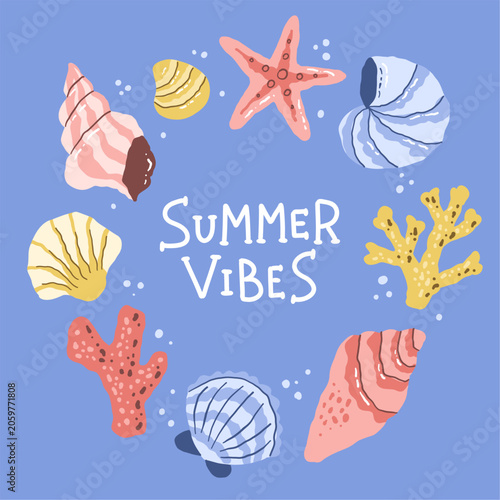 Sea shells set starfish and colorful corals collection with lettering. Marine summer elements. Hand drawn vector in simple style