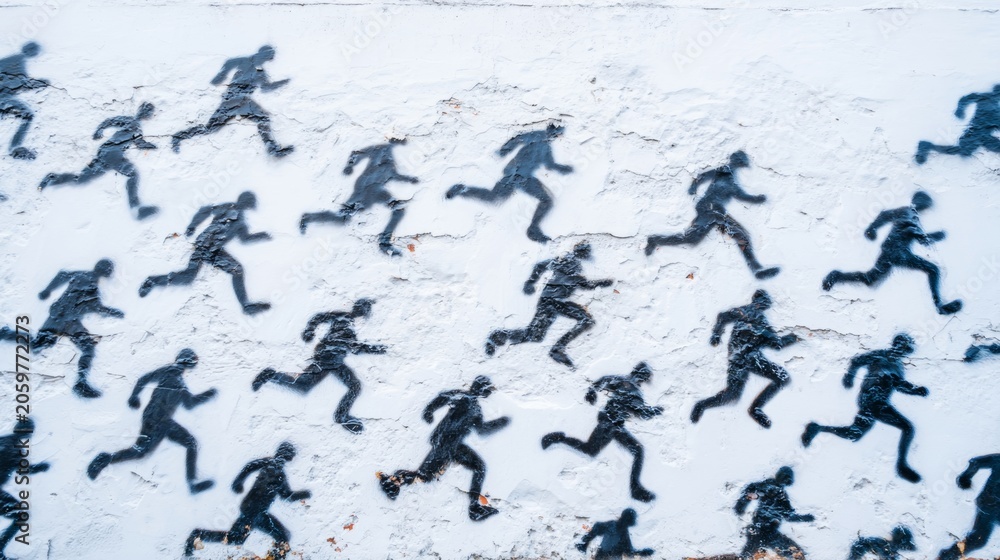 Fototapeta premium Black stencil figures of runners creating a repeated pattern on a distressed urban wall, illustrating movement and pursuit