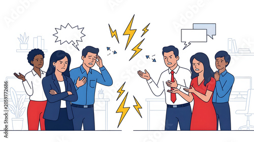 Team Disagreement Illustration With Angry People And Conflict Symbols In An Office Setting argument business. Generative AI Illustration