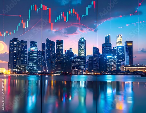 A city skyline at dusk with a body of water in the foreground and stock market charts in the background