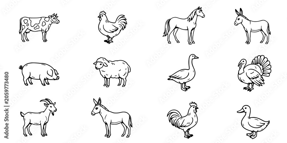 Fototapeta premium Animals Including a Cow, Rooster, Horse, Donkey, Pig, Sheep, Goose, Turkey, Goat, and Duck in a Farm Setting