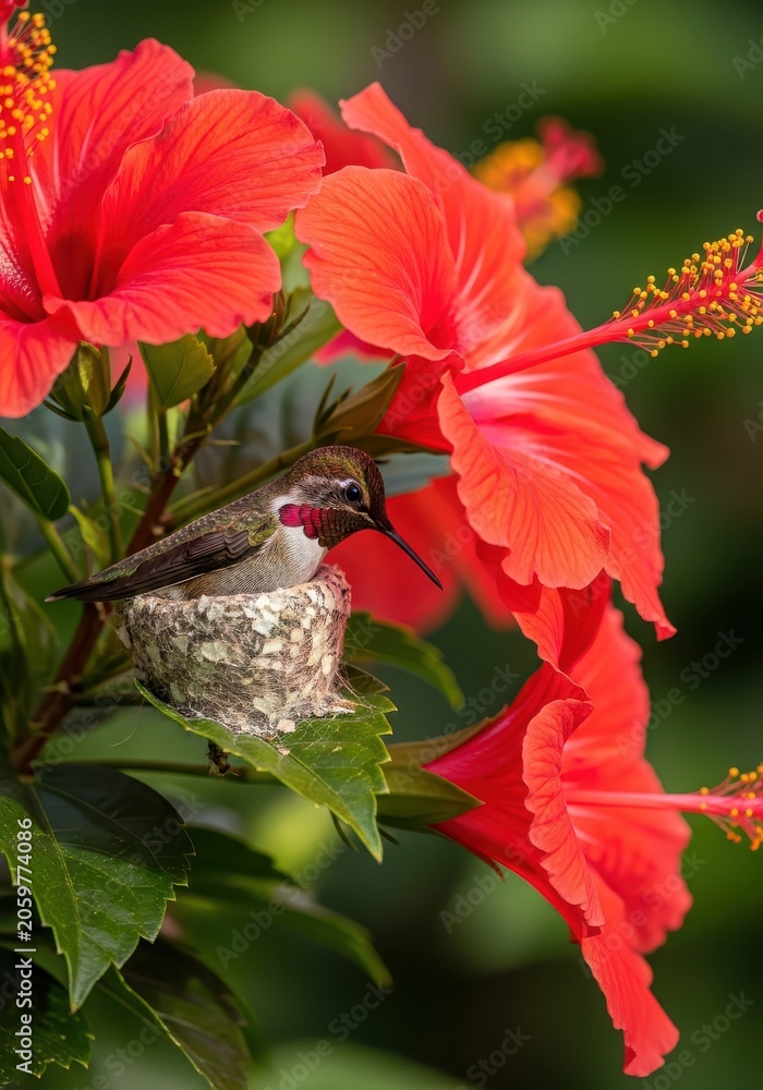 Fototapeta premium Tiny Hummingbird Nesting in a Small Cup Nest Surrounded by Vibrant Red Hibiscus Flowers in a Tropical Garden