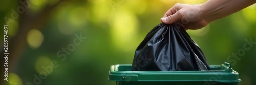 A close-up shot of a hand gently placing a black garbage bag into a trash bin, symbolizing waste disposal and cleanliness , urban, clean