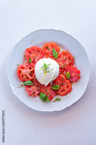 Caprese salad variation with gourmet burrata cheese, organic tomatoes, and herbs