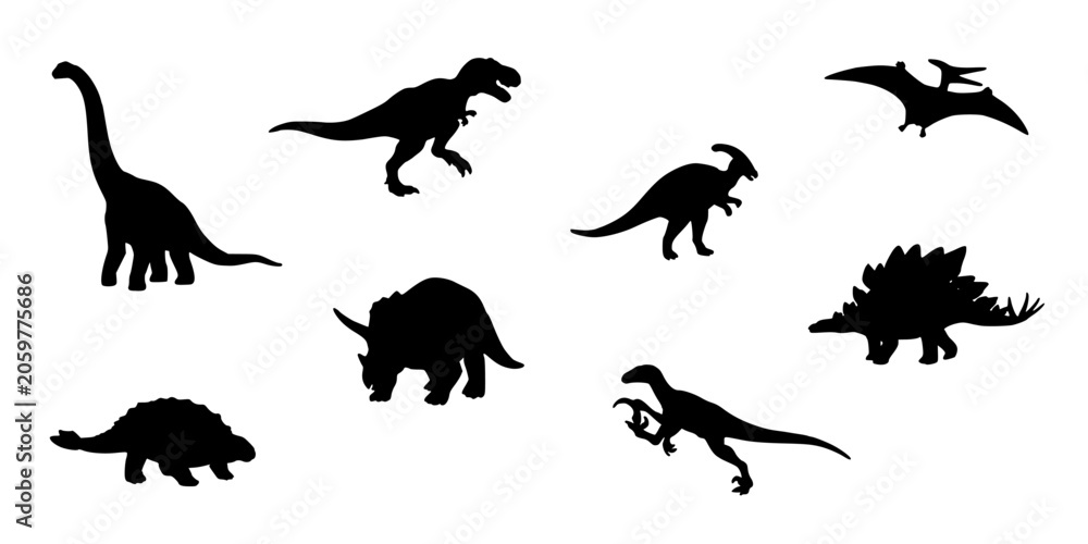 Obraz premium Dinosaur Silhouettes Icon Set in Monochrome, Assorted Prehistoric Species Arranged in a Neat Grid for Educational Graphics