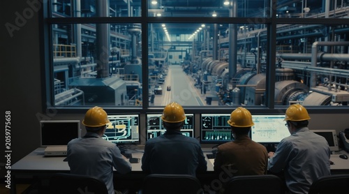 Workers in yellow helmets monitor large factory floor from control room screens. Oversee production processes in industrial plant with machinery, equipment. Team manages operations of complex