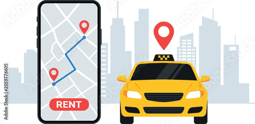 Fotografie Vector illustration of an online taxi booking concept featuring a smartphone displaying a route map and a yellow cab against a city skyline silhouette