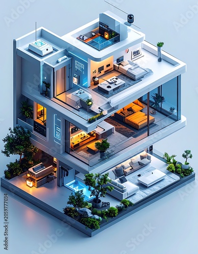 A modern multi-story house with cutaway walls