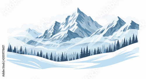 Vector illustration of jagged snow-capped mountain peaks with evergreen pine forest and snow-covered slopes in foreground, blue and white palette winter landscape graphic.