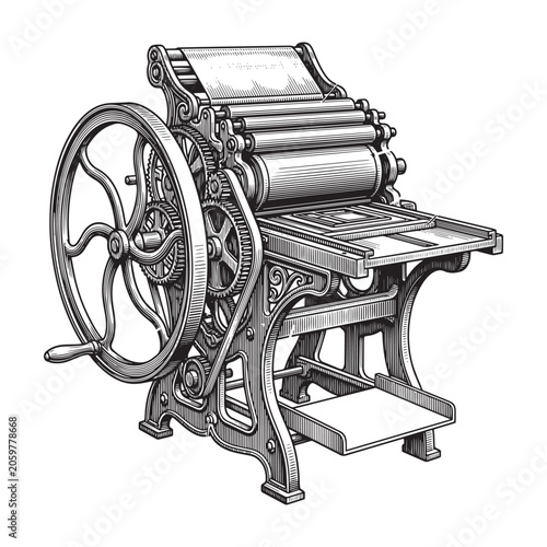 Detailed vintage black and white mechanical letterpress printing machine vector illustration