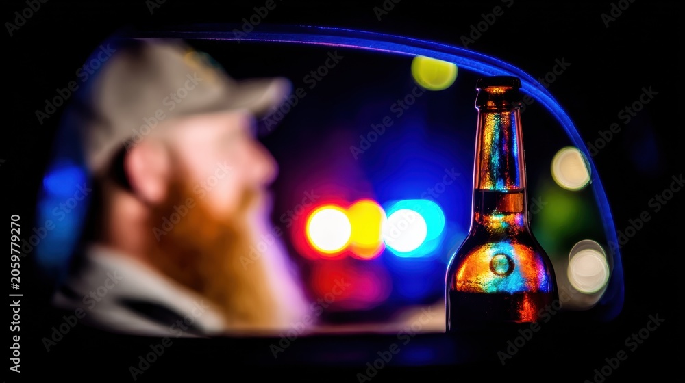 Fototapeta premium Man with a beard sits near a bottle of beer with police lights in background