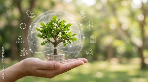Hand holding tree growing from coins with sustainable icons