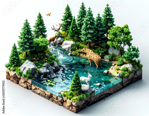 A 3D diorama of a forest with a river, featuring a giraffe