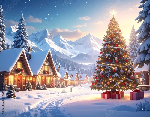 A snowy village with a Christmas tree and presents in front