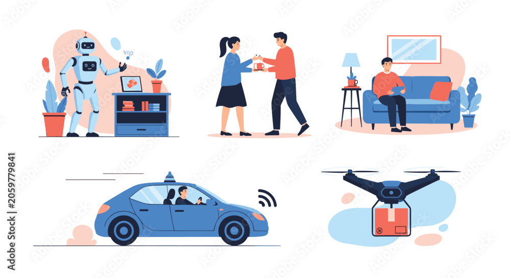 Fototapeta premium Collection of modern technology illustrations featuring a household robot a self driving car a delivery drone and remote working.