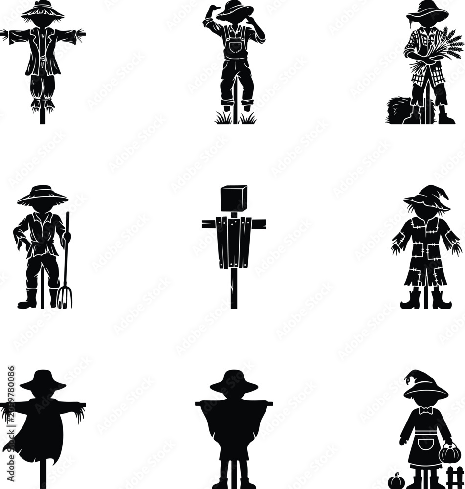 Obraz premium Scarecrow and farmer silhouettes with pitchfork, wheat bundle, pumpkins, and harvest-themed rural vector illustrations