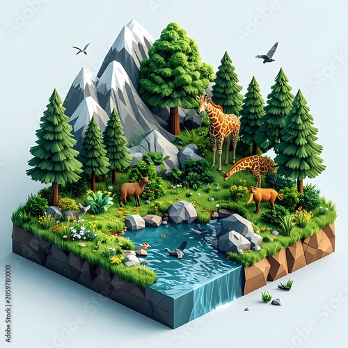 A vibrant 3D illustration of a serene natural landscape