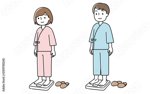 検査着を着て体重計に乗る男女のイラスト